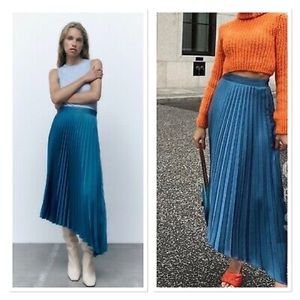 ZARA Blue Satin Asymmetric Pleated Midi Skirt Size Large